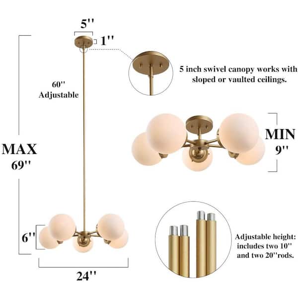 Modern Globe Dining Room Chandelier 5-Light Gold Sputnik Chandelier with Frosted Glass Shades