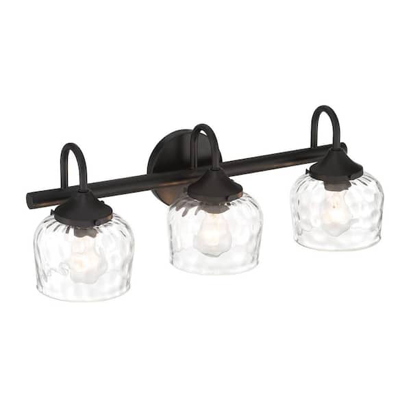 23.25 in. 3-Light Matte Black Vanity Light with Clear Hammered Glass, No Bulbs Included