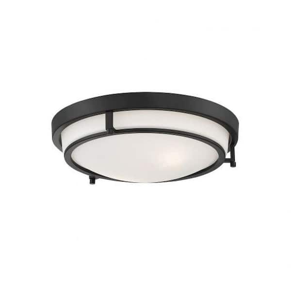 Meridian 13 in. W x 4 in. H 2-Light Semi-Flush Mount with Matte Black Metal Ring and White Glass Shade