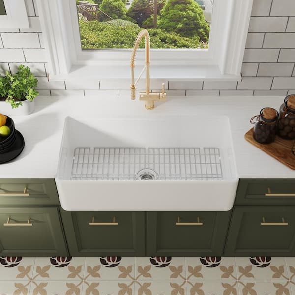Grove White Fireclay 36 in. L x 18 in. W Rectangular Single Bowl Farmhouse Apron Kitchen Sink with Grid and Strainer
