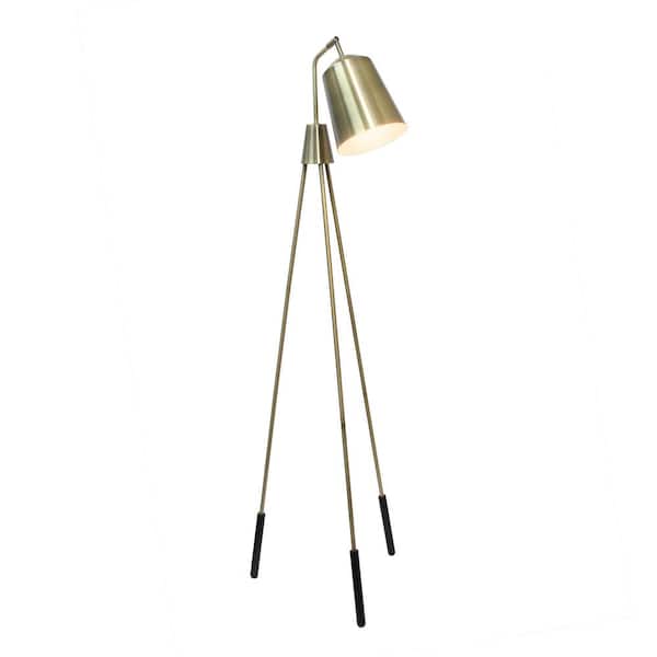 65 in. Antique Brass Industrial 1-Light Tripod Floor Lamp with Interior White Spotlight