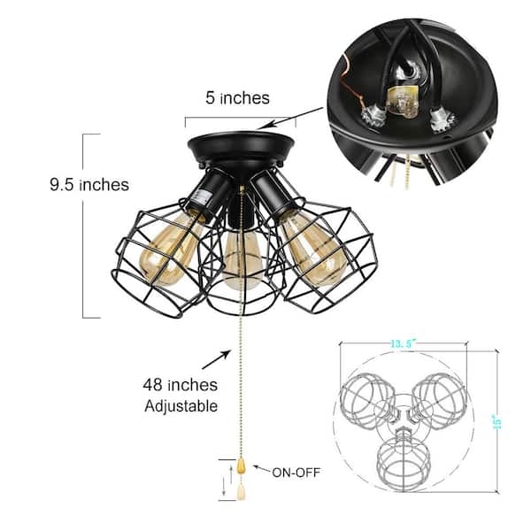 Hine 3-Light Modern Industrial Black Open Cage Semi-Flush Mount Light Versatile Ceiling Light with Pull String