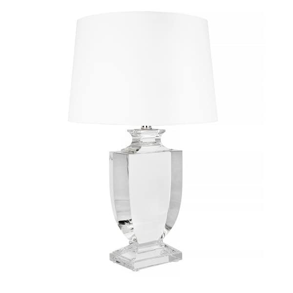 26 in. Clear Crystal Table Lamp with Chrome Accents and White Linen Shade