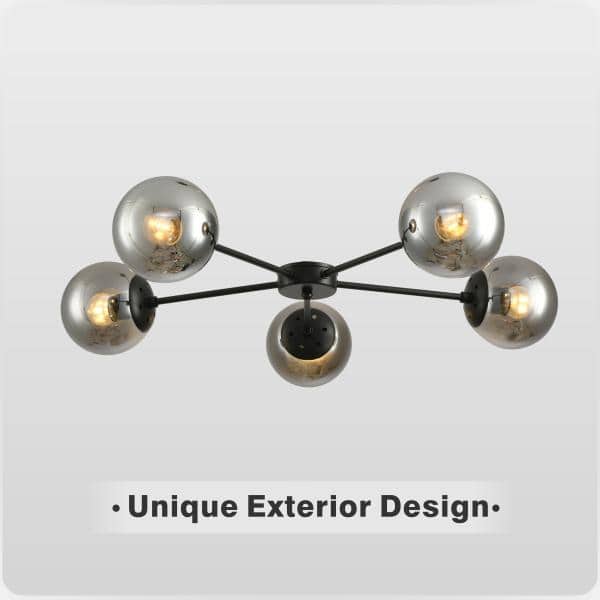 5-Light Black Chandeliers Light Fixture Hanging Dining Room Light Ceiling Pendant Lighting Glass Globes Lamp