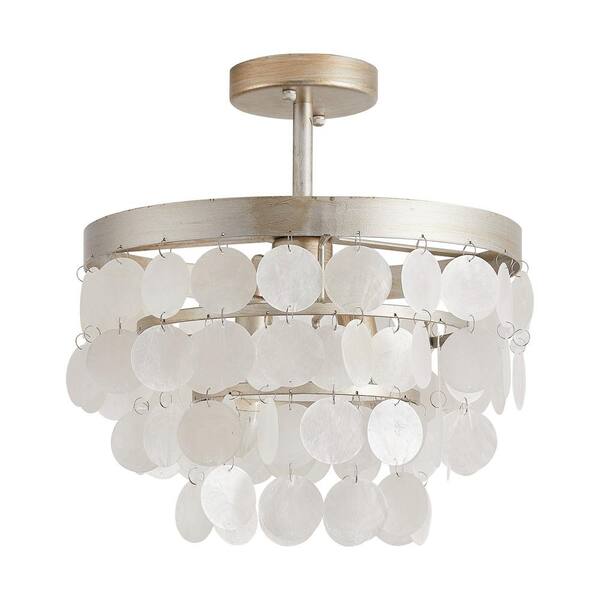 14.5 in. 2-Light Bohemia Antique Nickel Semi-Flush Mount Ceiling Light Fixture with Tiered Shells and No Bulb Included