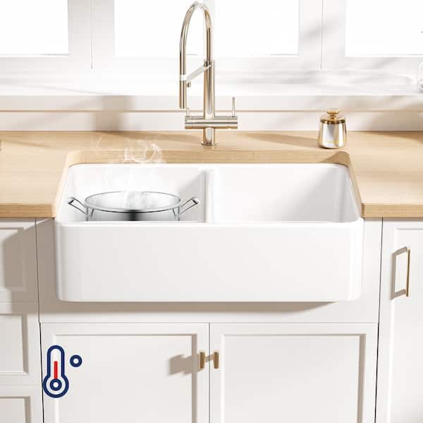 Denbigh Crisp White Fireclay 33 in. Double Bowl Farmhouse Apron Kitchen Sink with Bottom Grid