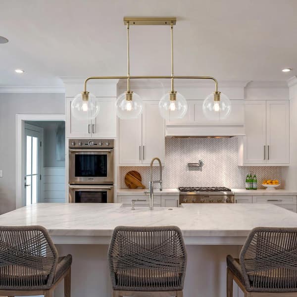 Friedlander 4-Light Brass Island Chandelier with Clear Glass Shades, Modern Linear Kitchen Pendant Light