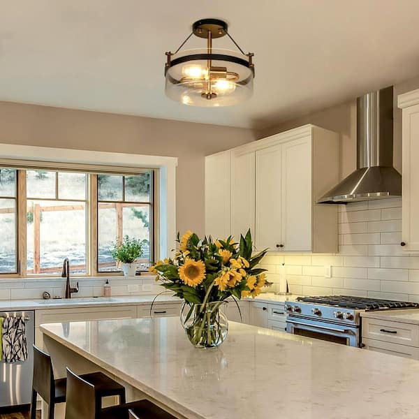 Modern Farmhouse Black Semi-Flush Mount, 12.5 in. 2-Light Plated Gold Kitchen Ceiling Fixture Light with Seeded Glass