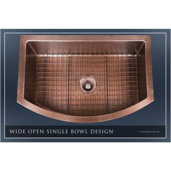 Luxury Medium Patina 12-Gauge Copper 33 in. Single Bowl Farmhouse Apron Kitchen Sink with Accs and Curved Front