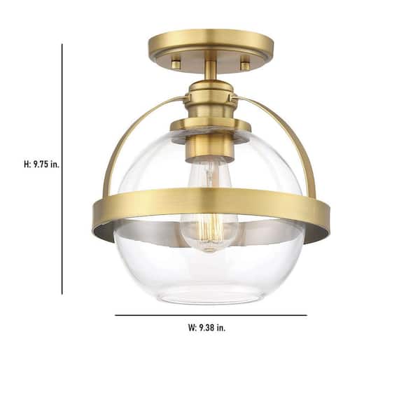 Pendleton 9.38 in. W x 9.75 in. H 1-Light Warm Brass Semi-Flush Mount Ceiling Light with Clear Glass Orb Shade