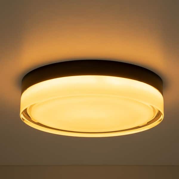 Geren 8.8 in. 23.5-Watt Modern Round Matte Black Integrated LED Flush Mount Light with Frosted Clear Glass Shade