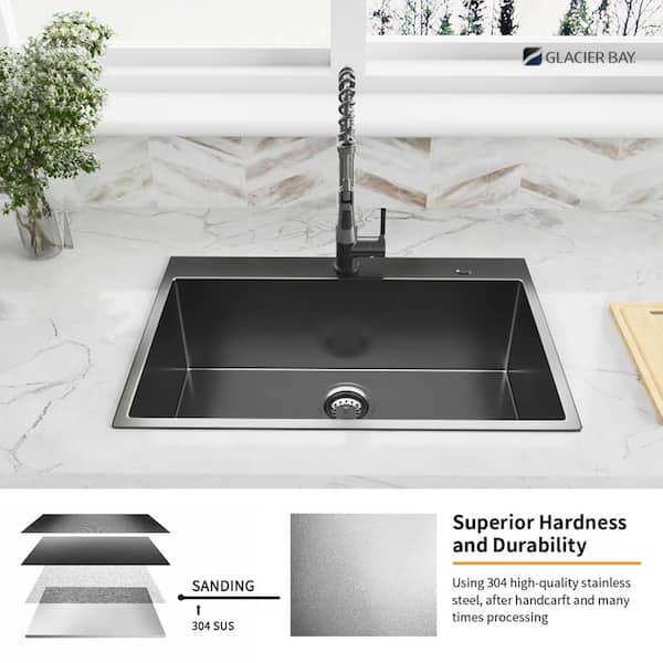 Gunmetal Black Stainless Steel 33 in. 18 Gauge Single Bowl Drop-in Kitchen Sink