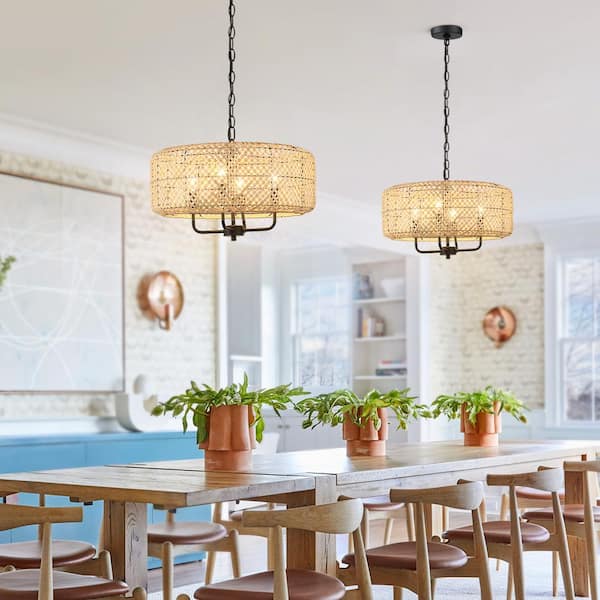 Bungalo 19.7 in. 4-Light Black/Wheat Bohemian Drum Chandelier with Natural Bamboo Shade