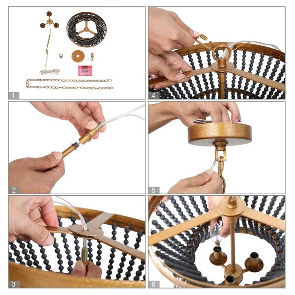 Modern Drum Dining Room Chandelier Light 3-Light Antique Gold Round Chandelier with Black Wooden Beads