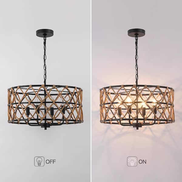Trellis 20 in. 4-Light Black Drum Chandelier with Natural Rattan Shade