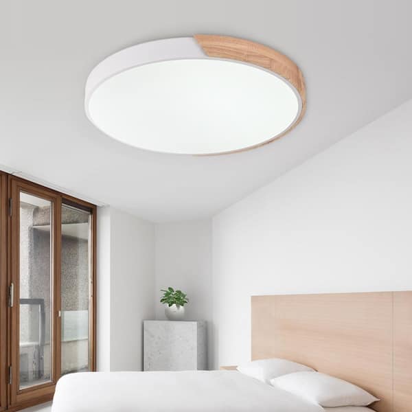 Lumin 19.7 in. 1-Light Wood and White Finish LED Flush Mount Dimmable for Bedroom Kitchen Living/ Dining Room (3000K)