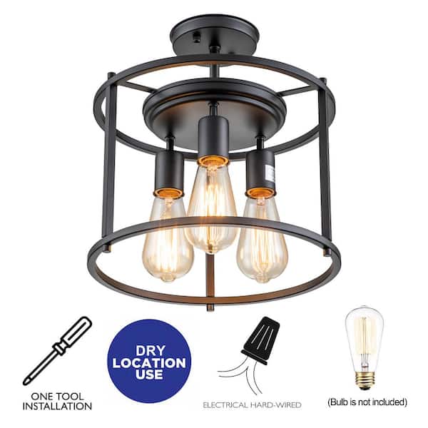 12 in. 3-Light Black Drum Cage Semi-Flush Mount Light