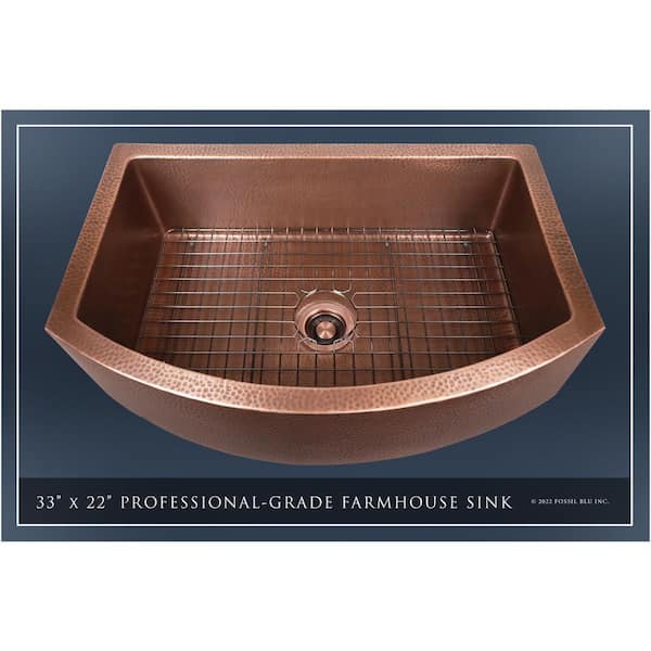 Luxury Medium Patina 12-Gauge Copper 33 in. Single Bowl Farmhouse Apron Kitchen Sink with Accs and Curved Front