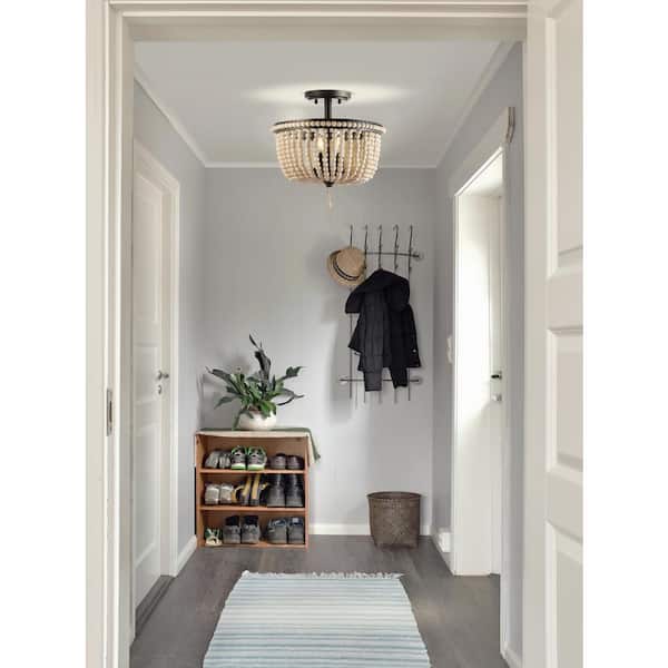 Allie 14 in. Wood Beaded/Metal LED Flush Mount, Black /-Light Taupe