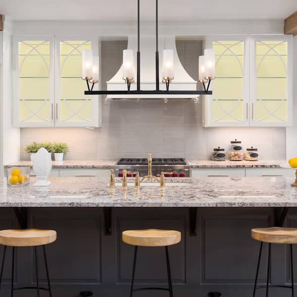 Black Chandelier Modern Industrial Linear 8-Light Kitchen Island Pendant Light with Frosted Glass Shades