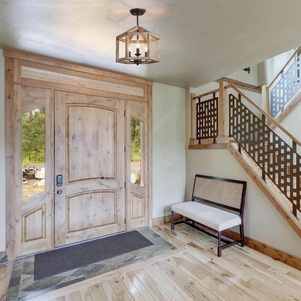 Rustic Drum Bronze Wood Semi-Flush Mount, Industrial Geometric 3-Light Farmhouse Candlestick Antique Ceiling Lighting