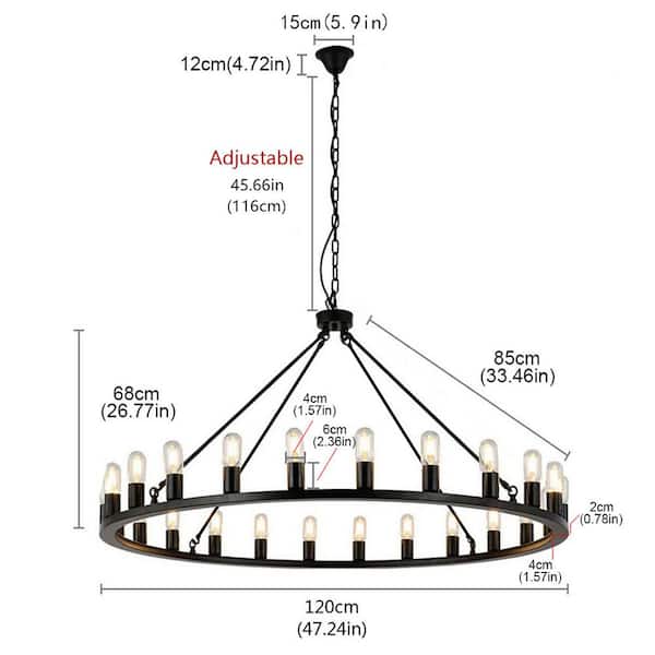Industrial 24-Light Vintage Black Wagon Wheel Chandelier