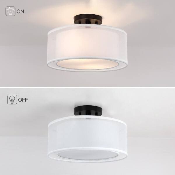 Celina 13 in. 2-Light White Double Drum Semi-Flush Mount Light With Black Hardware