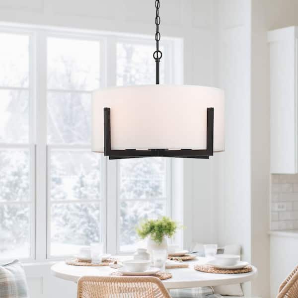 22 in. 4-Light Matte Black Chandelier Pendant Light with White Drum Shade