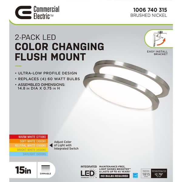 15 in. Brushed Nickel New Ultra-Low Profile Integrated LED Flush Mount 5CCT (2-Pack)