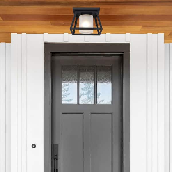 Kingsbury 1-Light Black Outdoor Flush Mount Ceiling Light Fixture with Frosted Glass