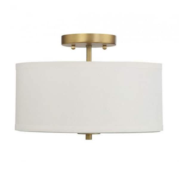 Meridian 13 in. W x 10 in. H 2-Light Natural Brass Semi-Flush Mount Ceiling Light with White Fabric Shade