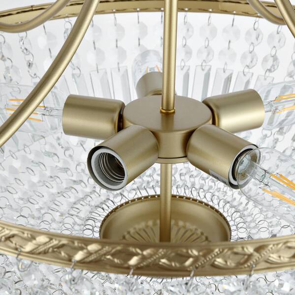 5-Light 19.5 in. Crystal Ceiling Light Fixture, Brass Semi Flush Mount Chandelier