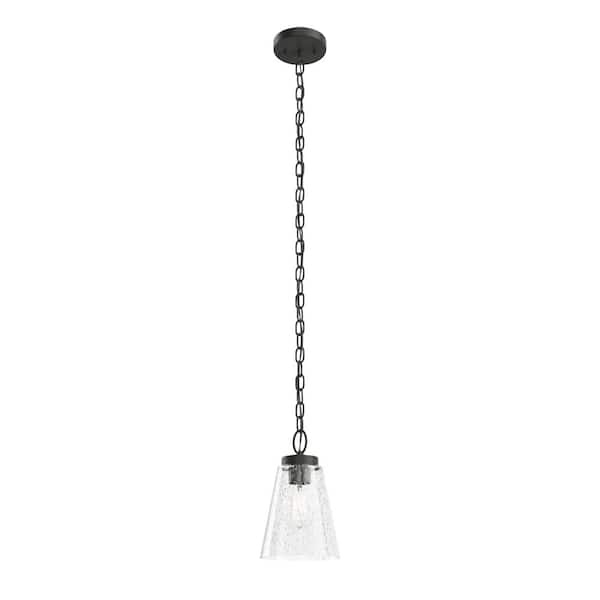 Roycroft 7 in. 1-Light Black Farmhouse Shaded Kitchen Pendant Hanging Light with Clear Seeded Glass