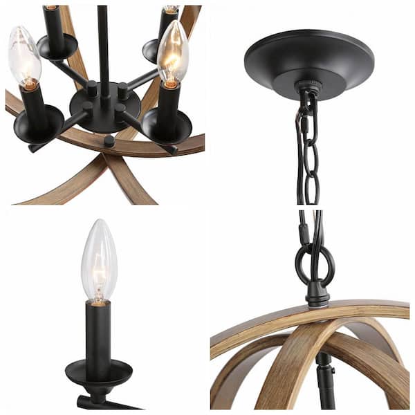 Farmhouse Black Chandelier Globe Cage Candlestick 4-Light Rustic Island Pendant Chandelier with Faux Wood Accent