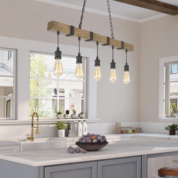 Wood Beam Chandelier 35.5 in. 5-Light Brown Linear Farmhouse Chandelier Island Pendant Light with Wood Accents