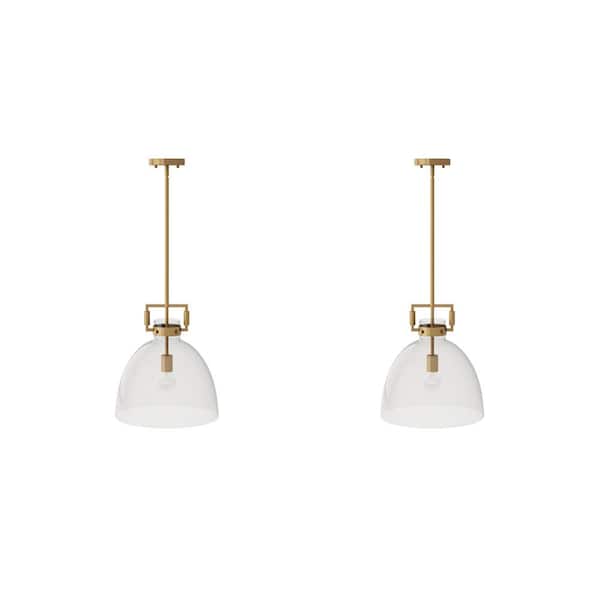 Leigh 74 in. Brass Gold Ceiling Hanging Shaded Pendant Light with Oversized Glass Shade and Adjustable Cord, Set of 2