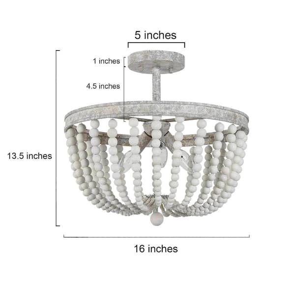 16 in. Modern Farmhouse Antique White Wood Beaded Semi-Flush Mount, 3-Light Bohemian Round Basket Ceiling Lighting