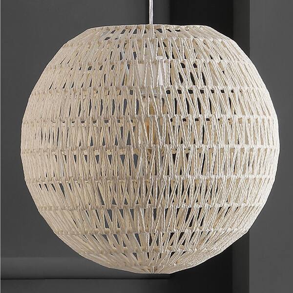 Luna 15.75 in. 1-Light Cream Bohemian Modern Woven Rattan/Iron LED Pendant, White
