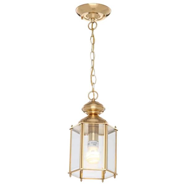 1-Light Polished Brass Clear Beveled Glass Traditional Outdoor Hanging or Flush mount Convertible Lantern Light