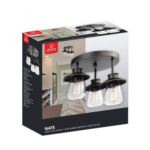 Nate 11 in. 3-Light Oil Rubbed Bronze Semi-Flush Mount Ceiling Light with Clear Glass Shades