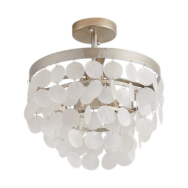 14.5 in. 2-Light Bohemia Antique Nickel Semi-Flush Mount Ceiling Light Fixture with Tiered Shells and No Bulb Included
