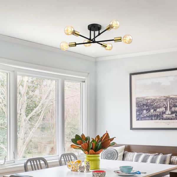 Trident 25.5 in. 6-Light Black and Gold Sputnik Semi Flush Mount Ceiling Light