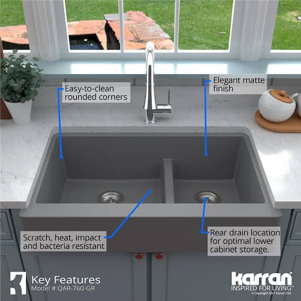 QAR-760 Quartz/Granite 34 in. Double Bowl 60/40 Retrofit Farmhouse/Apron Front Kitchen Sink in Grey w/ Grid and Strainer