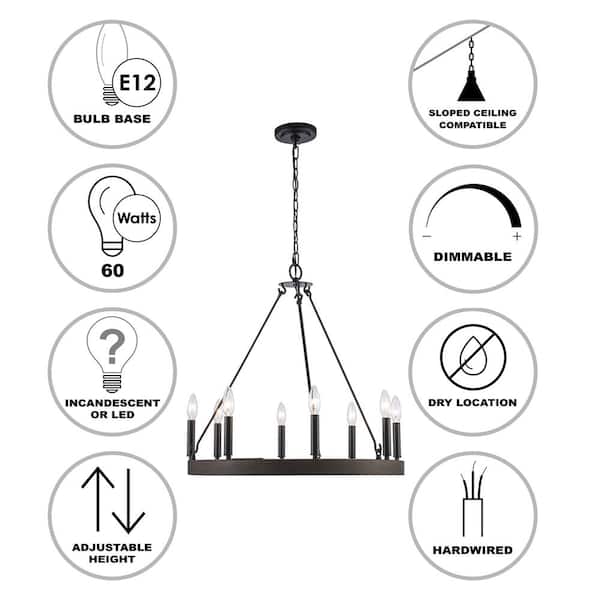 8-Light Black and Faux Wood Wagon Wheel Chandelier Light Fixture