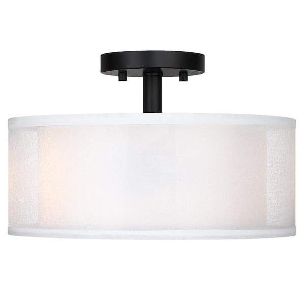 Celina 13 in. 2-Light White Double Drum Semi-Flush Mount Light With Black Hardware