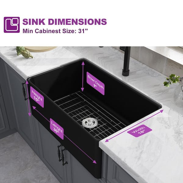 Fireclay 30 in. L x 18 in. W Black Single Bowl Farmhouse Apron Kitchen Sink with Grid and Strainer
