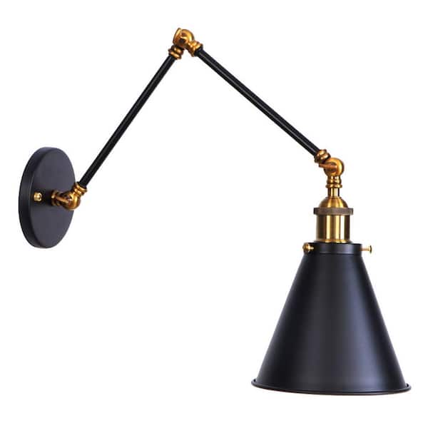 WS 1-Light 5.31 in. Brass and Black Matte Finish Wall Sconce Vintage Industrial with Swing Arm Adjustable