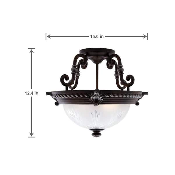 Bercello Estates 15 in. 2-Light Volterra Bronze Semi-Flush Mount with Etched Glass Shade