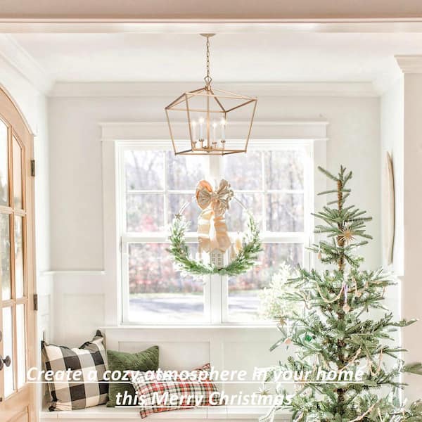 17.5 in. W Gold Chandelier Modern Candlestick Island 4-Light Lantern Cage Linear Geometric Pendant Chandelier