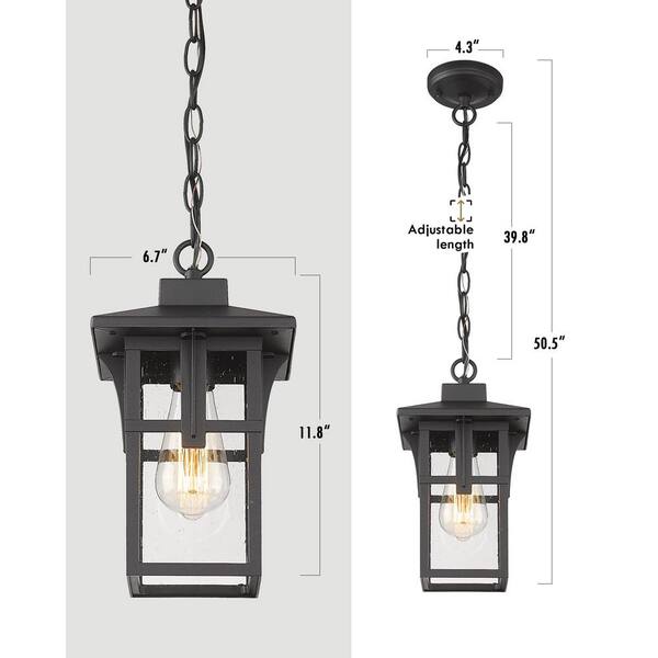 1-Light Black Outdoor Pendant Light with Seeded Glass Shade